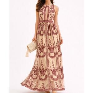 Honey Punch Embroidered Mesh Overlay Halter Maxi Dress Cutout Beige Boho XS/S